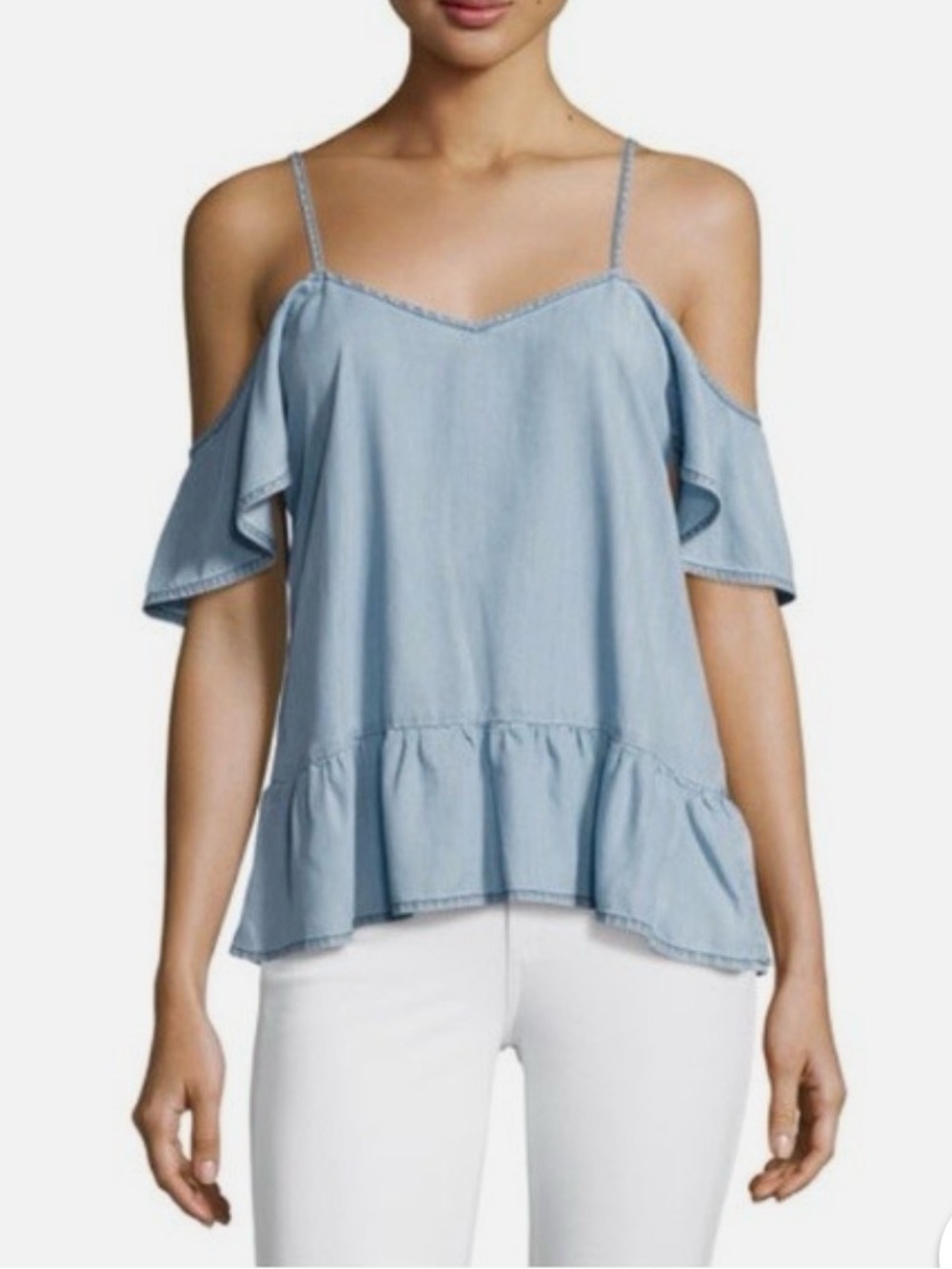 PAIGE Mitzi Tencel-Chambray Blouse Top Cold-Shoulder Strappy Hayette Wash Size L